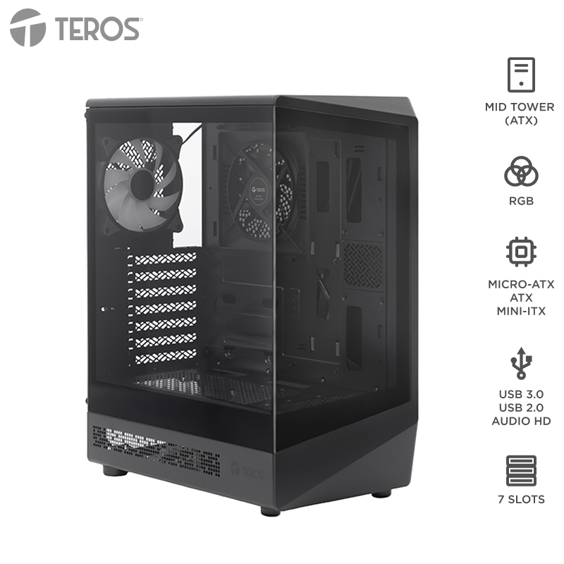 Case Gamer Teros Te-1321G, Mid Tower, USB 3.0 / USB 2.0, Audio, Ventilador Rgb, Negro