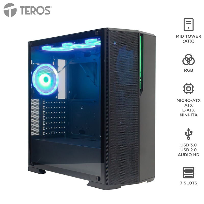 Case Gamer Teros Te1175N, Mid Tower, Negro, USB 3.0, USB 2.0, Audio.panel Latera
