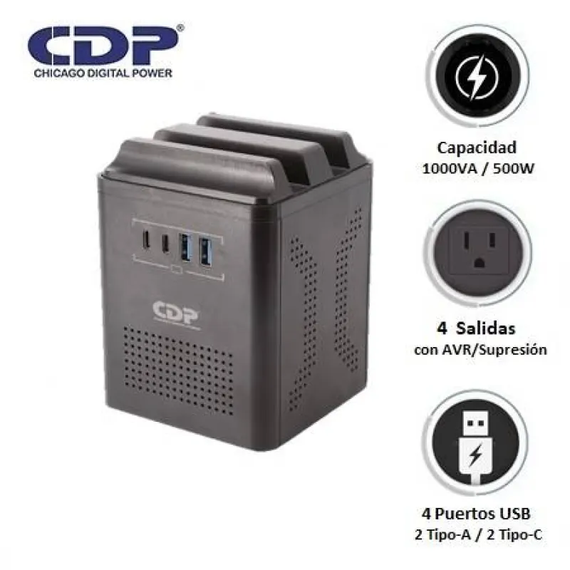 ESTABILIZADOR CDP RUAVR1004I 1000VA/500W 4 SALIDAS/2 USB-A/2 USB-C (RUAVR1004I)