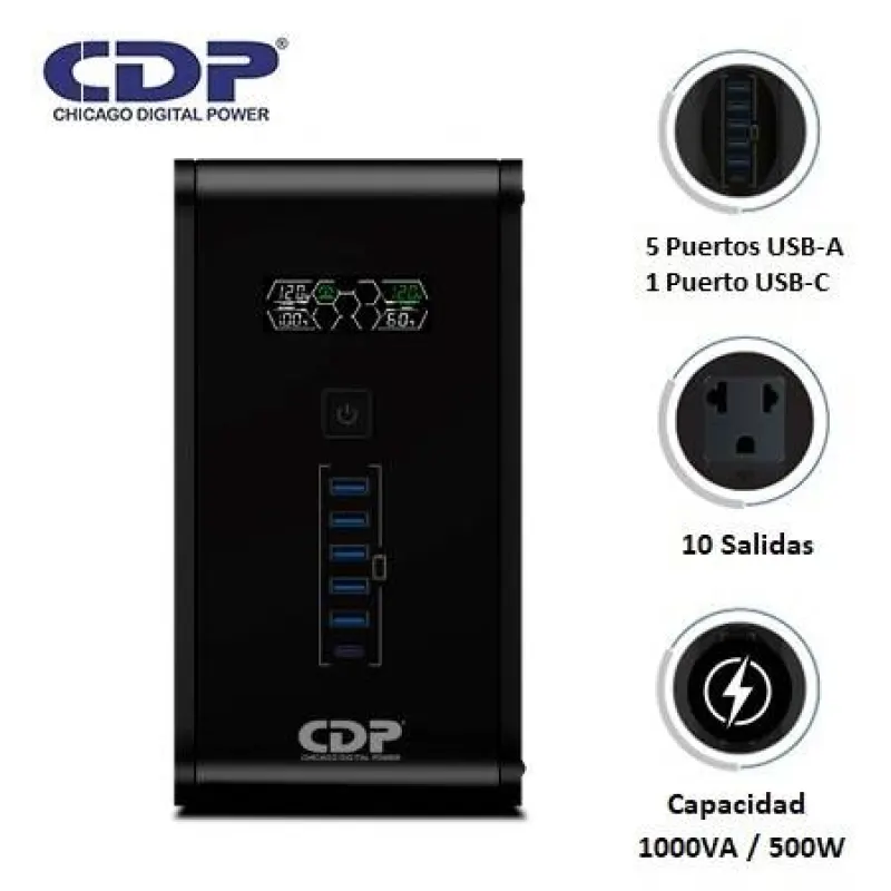 UPS CDP R-SMART 1010I 1000VA / 500W AUTONOMÍA 30MIN 10 SALIDAS/5 PORT USB-A/1 PORT USB-C BLACK (R-SMART1010I)