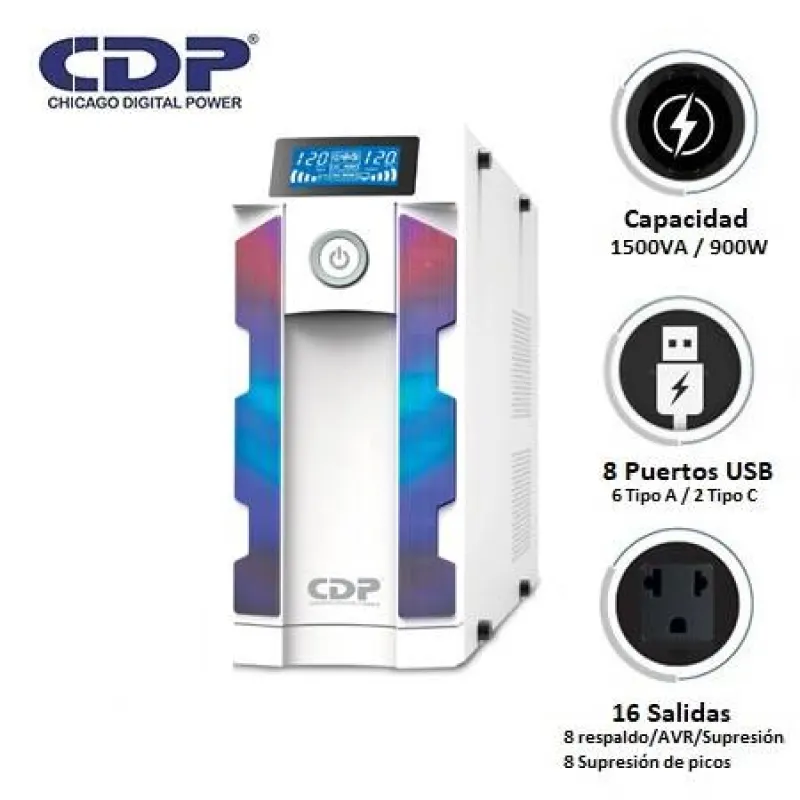 UPS CDP GAMING G-SMART1516I 1500VA / 900W / 16 SALIDAS / 8 PORT USB-A / 2 PORT USB-C WHITE (G-SMART1516I)
