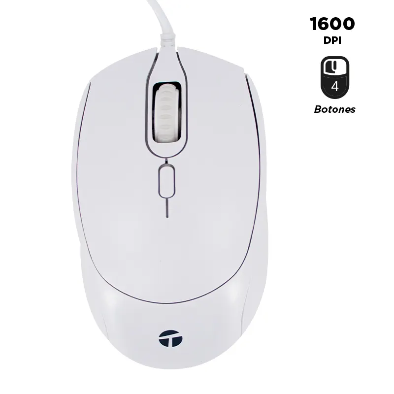Mouse Óptico Teros Te-1225S, 800-1200-1600 Dpi, Usb, 4 Botones, Color Blancodesc