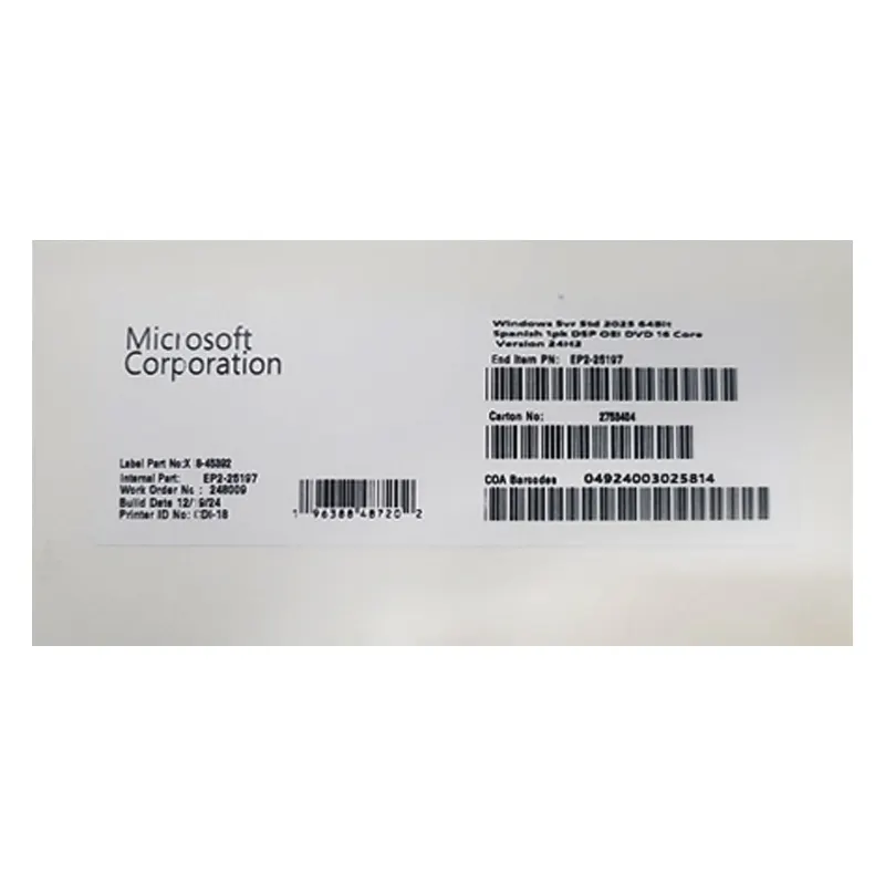 Sistema Operativo Microsoft Windows Svr Std 2025 64Bit 1Pk Spanish Oem (Ep2-25197)