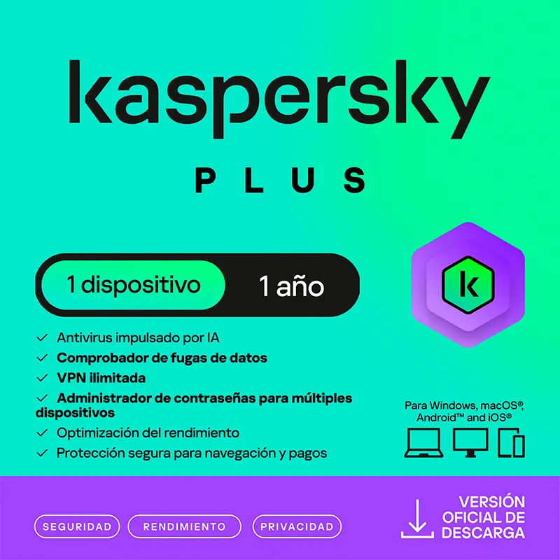 Antivirus Kaspersky Plus, Para 1 Pc, Lic 1 Año, Producto Virtual.