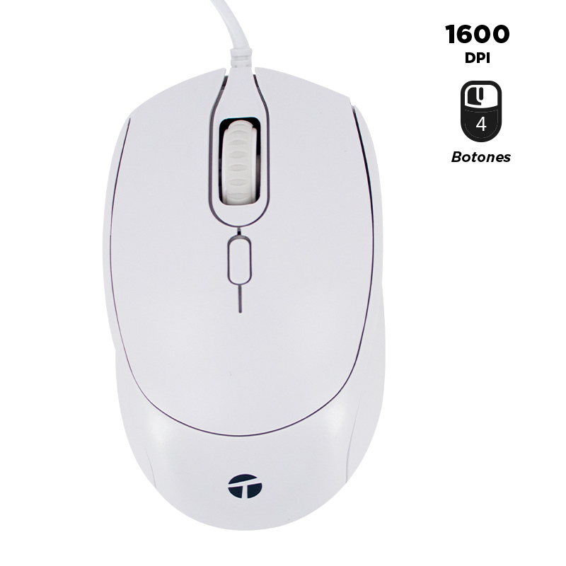 Mouse Óptico Teros Te-1225S, 800-1200-1600 Dpi, Usb, 4 Botones, Color Blancodesc