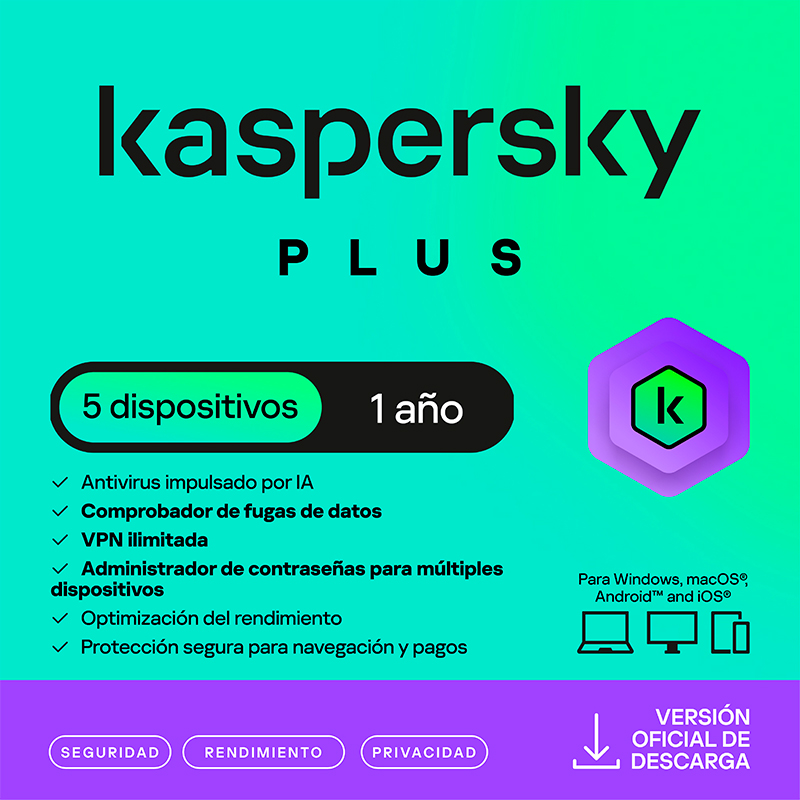 Antivirus Kaspersky Plus, Para 5 Pcs, Lic 1 Año, Producto Virtual.
